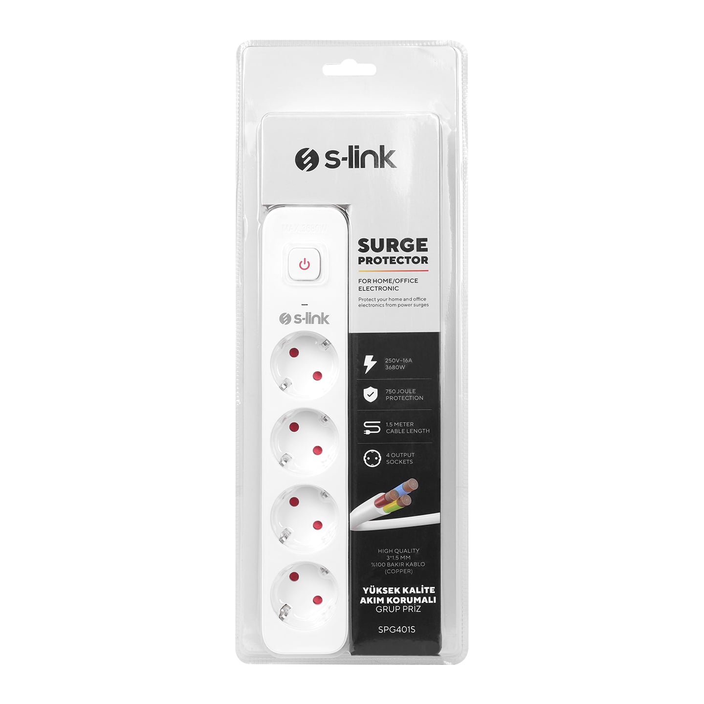 S-link 4 lü Anahtarli Akim Korumali Priz SPG401S 1.5m 1.5mm 100% Bakir 750 Joule 4 lü Anahtarli Akim Korumali Priz