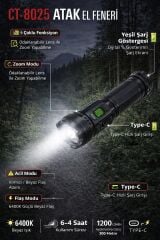 CATA CT-8025 Atak El Feneri 9 Fonksiyonlu Sarj Göstergeli El Feneri Type C