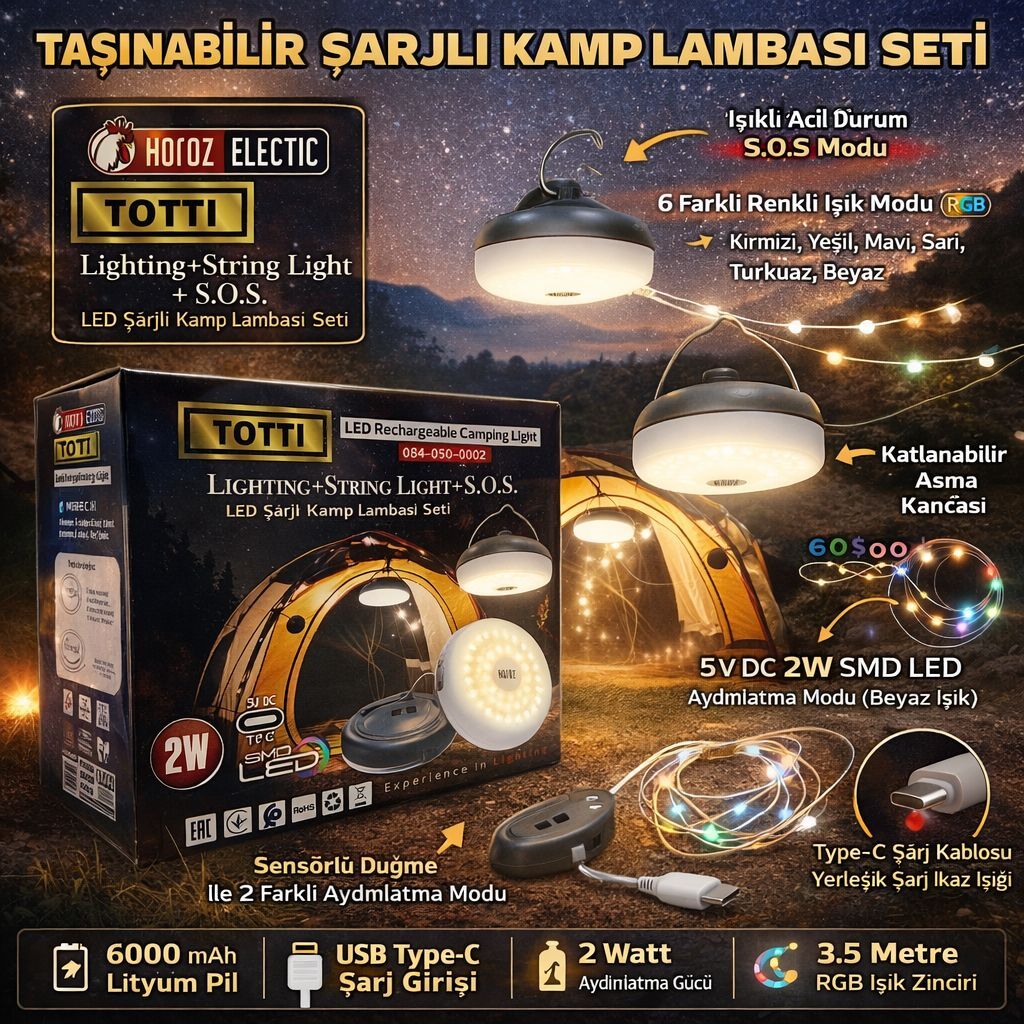 Horoz 084-050-0002 Totti 6400 + Rgb Taşınabilir Şarjlı Kamp Feneri