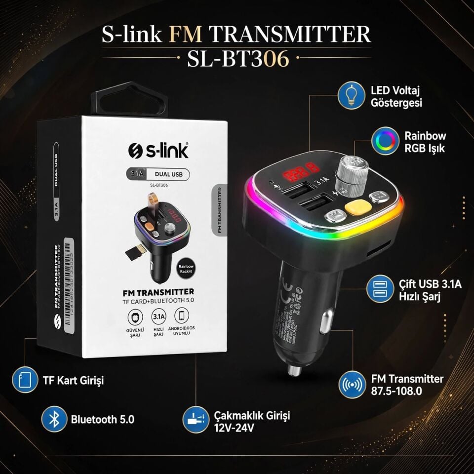 S-link SL-BT306 Çift USB 5V 3.1A Rainbow Isikli Led Ekran TF Kartli V5.0 Bluetooth Fm Transmitter