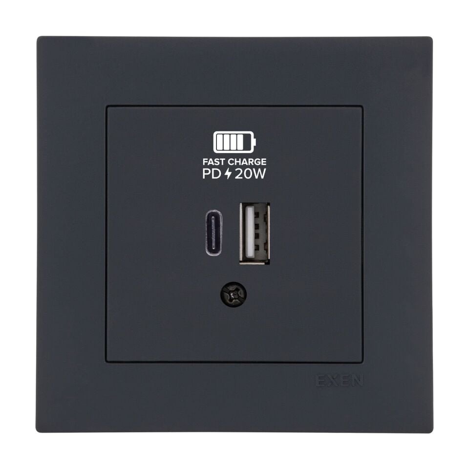 Exen Karell Füme 2X Usb Sarj Prizi Type-C + Type-A Komple Takim