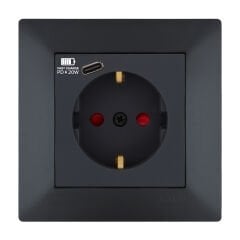 Exen Odak Füme Toprakli Priz + Type-C Komple Takim