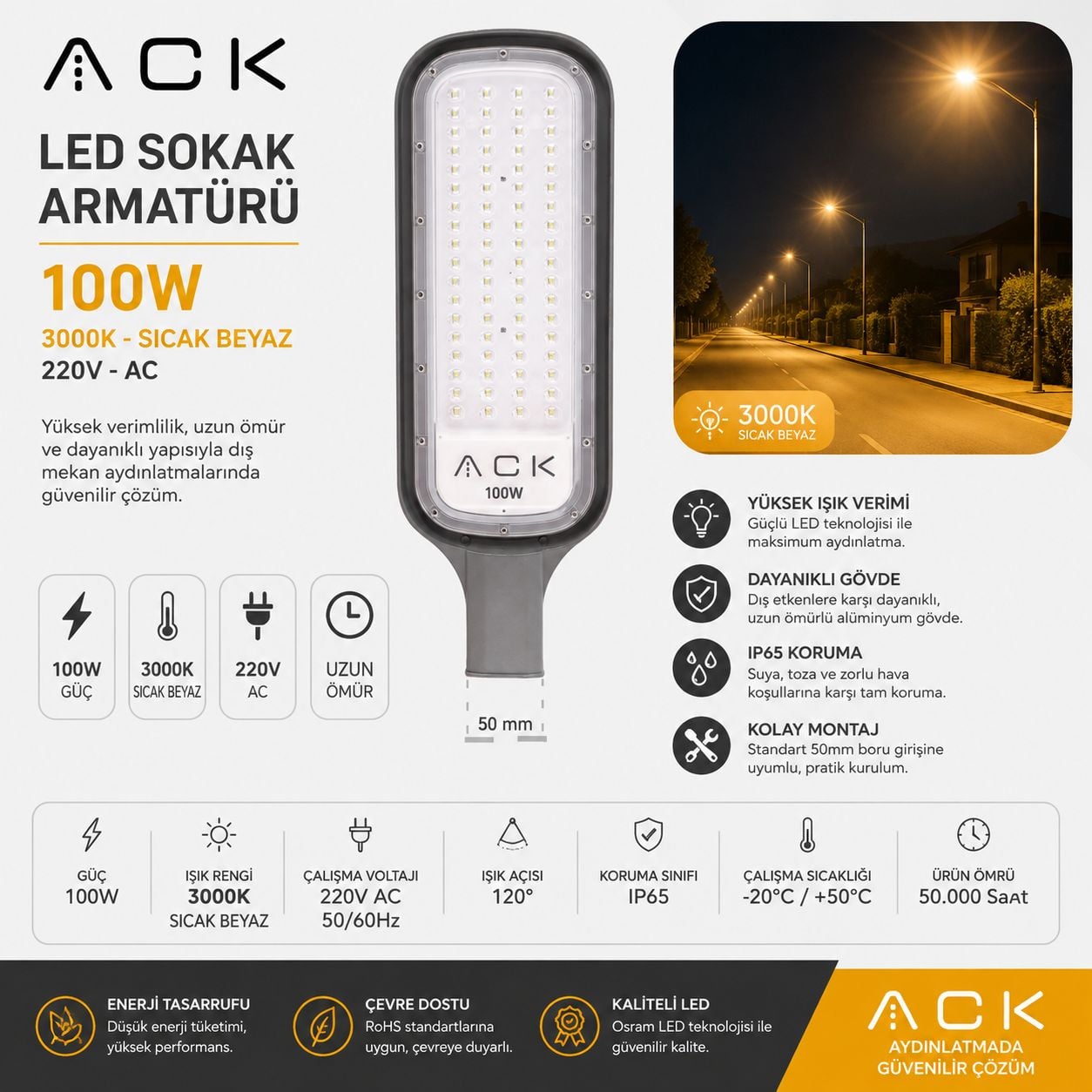 ACK 100W 3000K Ip65 Smd Led Sokak Armatürü AT41-19100