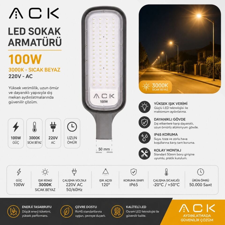 ACK 100W 3000K Ip65 Smd Led Sokak Armatürü AT41-19100