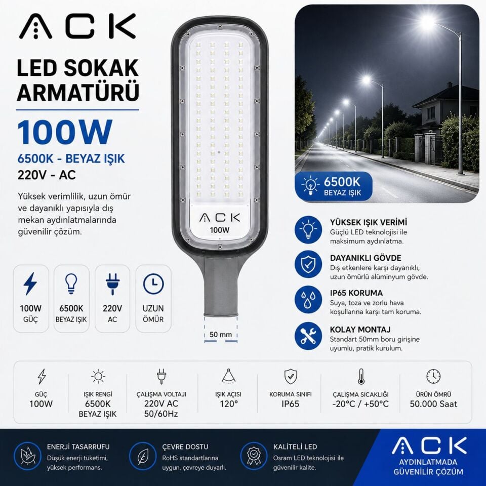 ACK 100W 6500K Ip65 Smd Led Sokak Armatürü AT41-19130