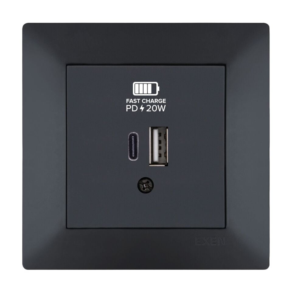 Exen Odak Füme 2X Usb Sarj Prizi Type-C + Type-A Komple Takim
