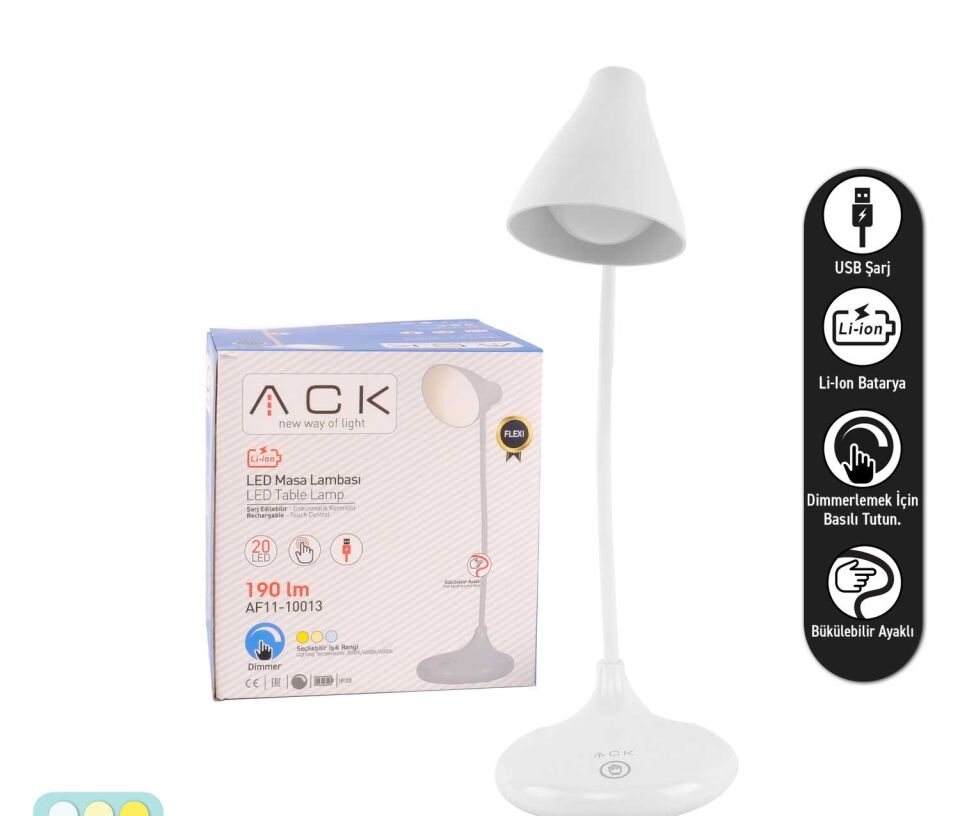 ACK Şarjlı Dokunmatik Dimli Beyaz Gövde Led Masa Lambası 3W Ip20 AF11-10013