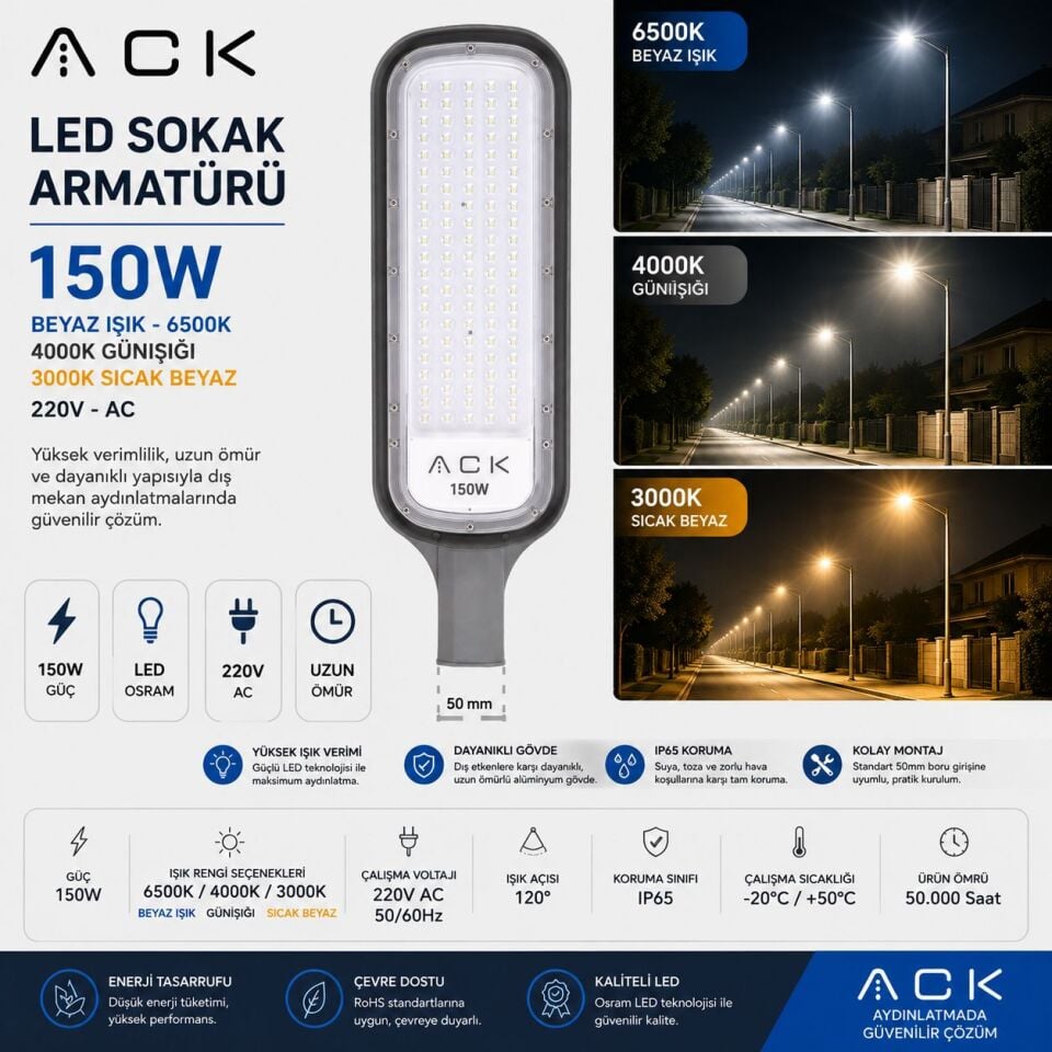 ACK 150W 4000K Ip65 Smd Led Sokak Armatürü AT41-19410
