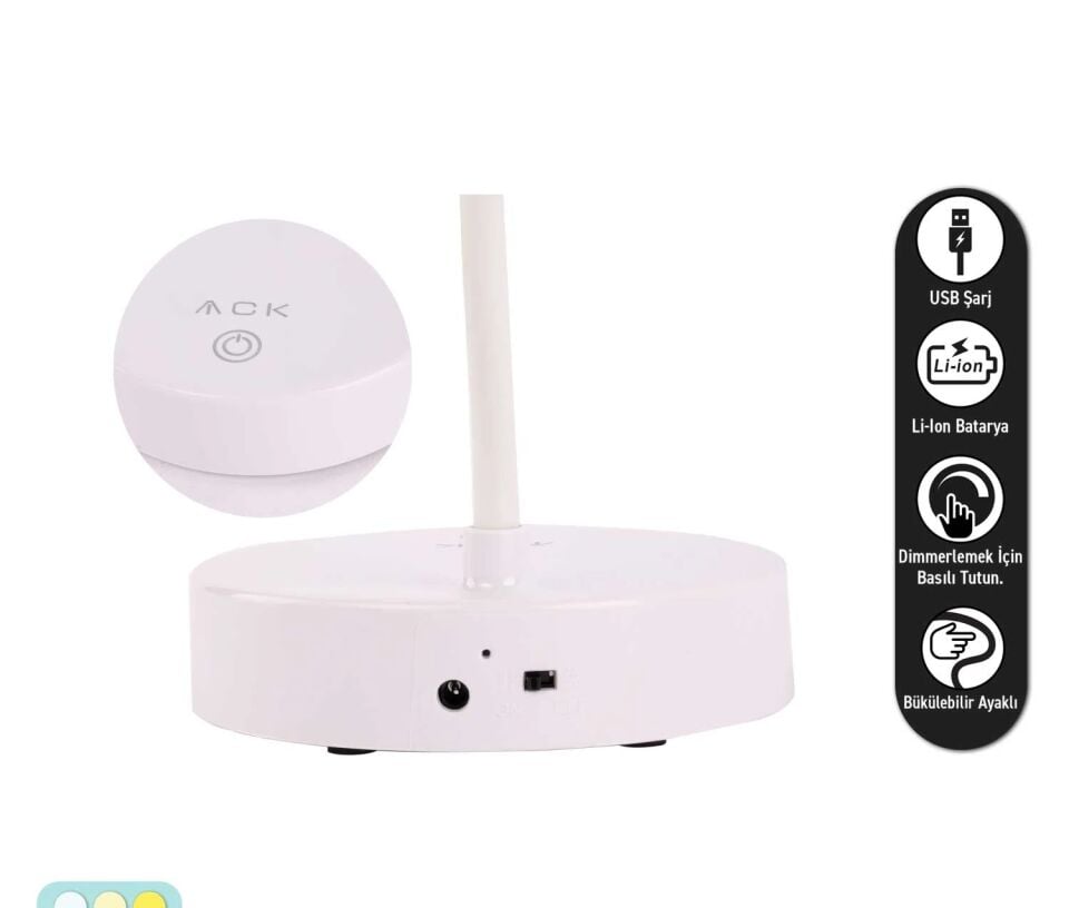 ACK Şarjlı Dokunmatik Dimli Beyaz Gövde Led Masa Lambası 2,5W Ip20 AF11-10015