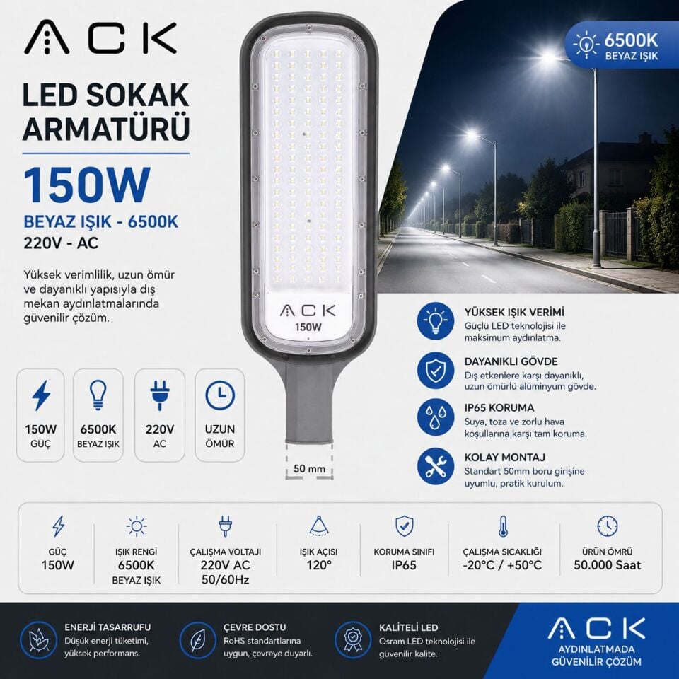ACK 150W 6500K Ip65 Smd Led Sokak Armatürü AT41-19430