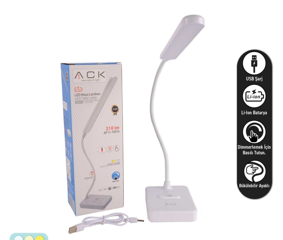 ACK Şarjlı Dokunmatik Dimli Beyaz Gövde Led Masa Lambası 2,5W Ip20 AF11-10016