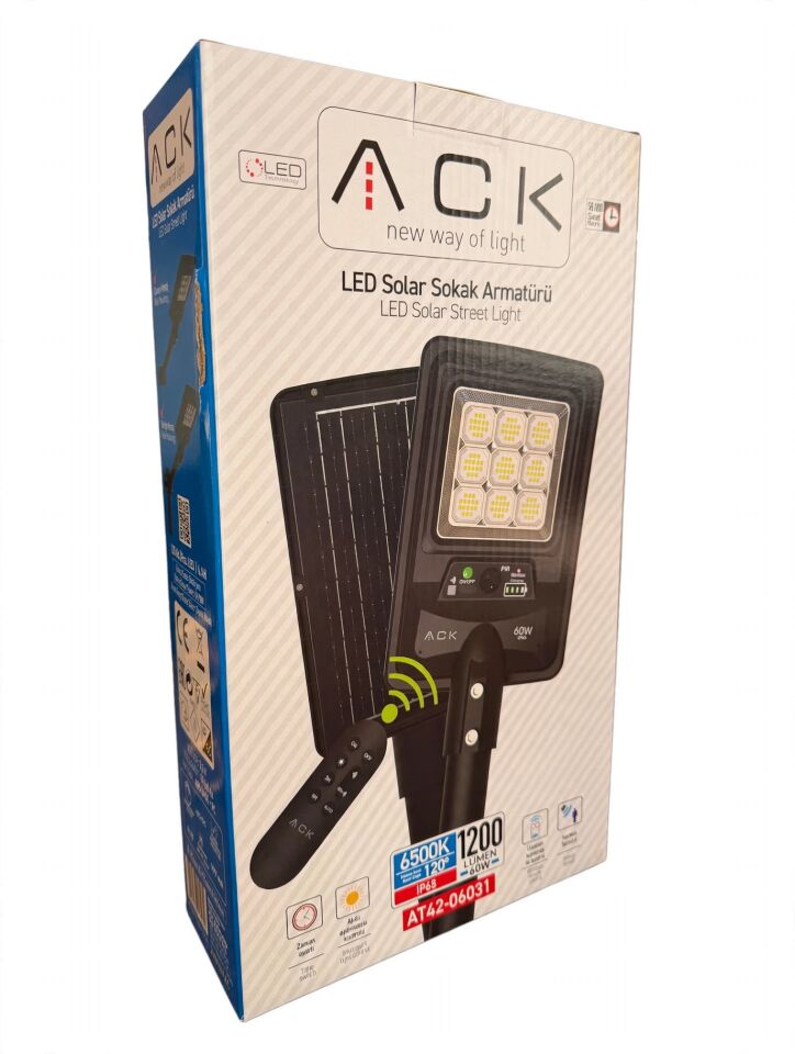 ACK AT42-06031 60W 6500K Beyaz Led Solar Sokak Armatürü