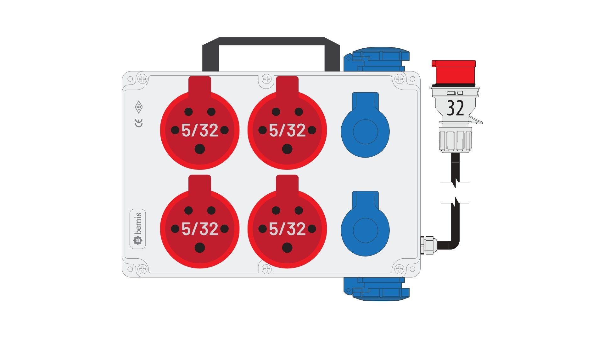 Bemis  5/32A 380V IP44 4 ADET 1/16A 220V IP44 2 ADET ÖN 1/16A 220V IP44 2 ADET YAN PRİZLİ KULPLU 5/32A FİŞLİ POWERBOX IP44 BKP38249-4007