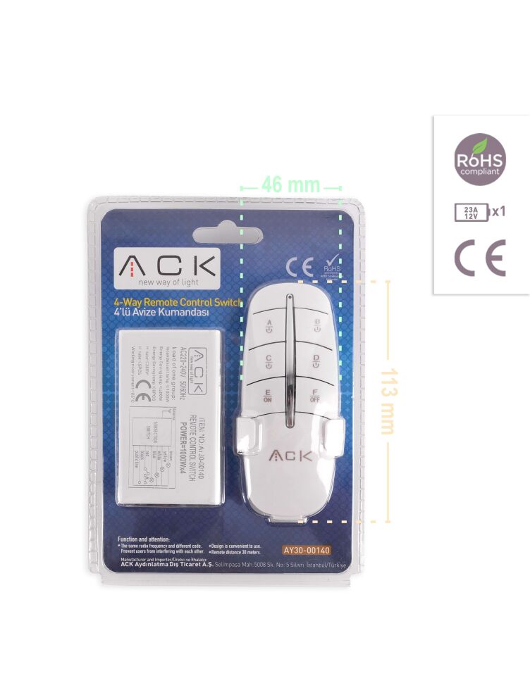 ACK 4'Lü 220V Avıze Kumandası AY30-00140