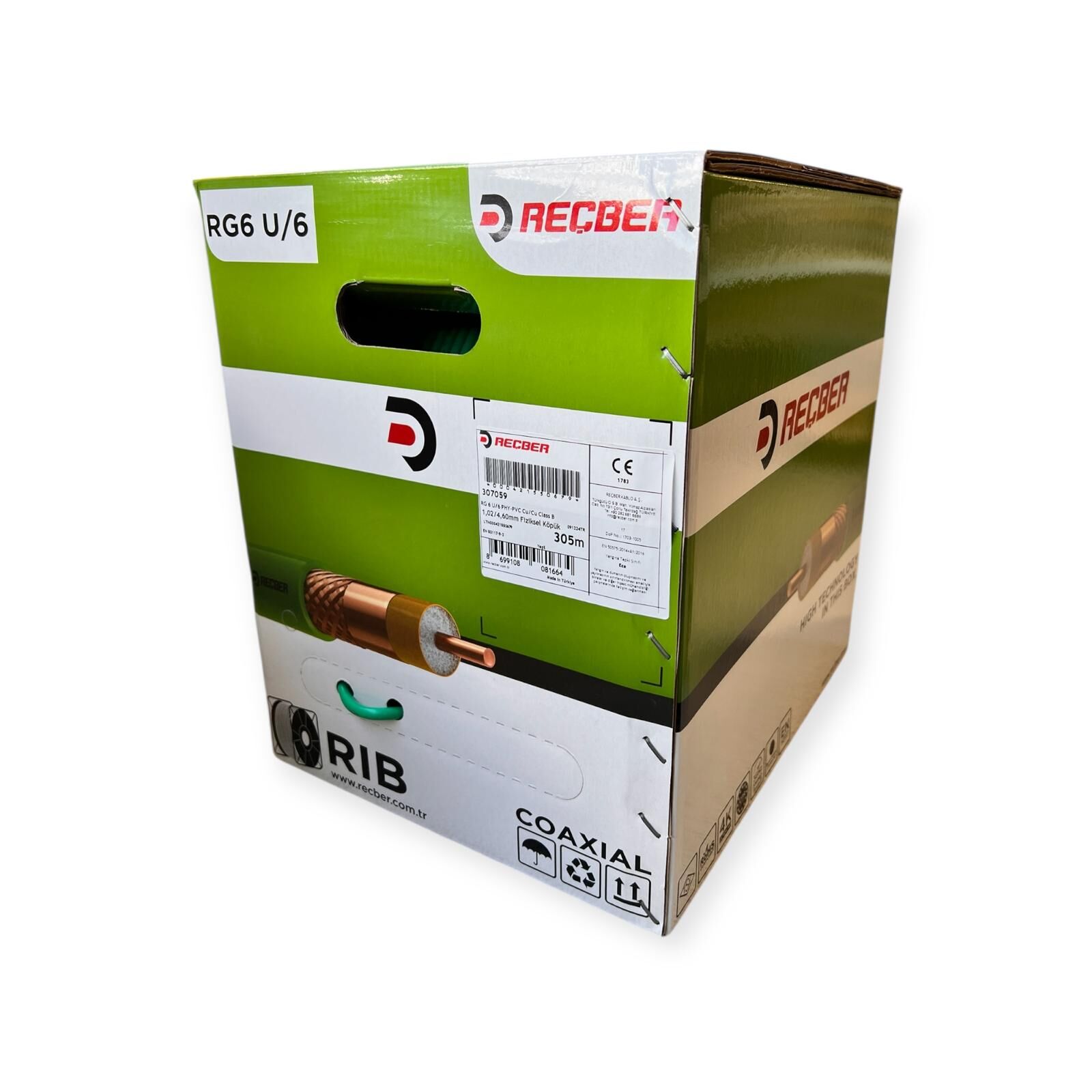 Reçber RG 6 U/6 PHY-PVC Class B Cu/Cu Euro-Class Eca 75 Ohm Fiziksel Köpüklü PVC Kılıflı Koaksiyel Kablo