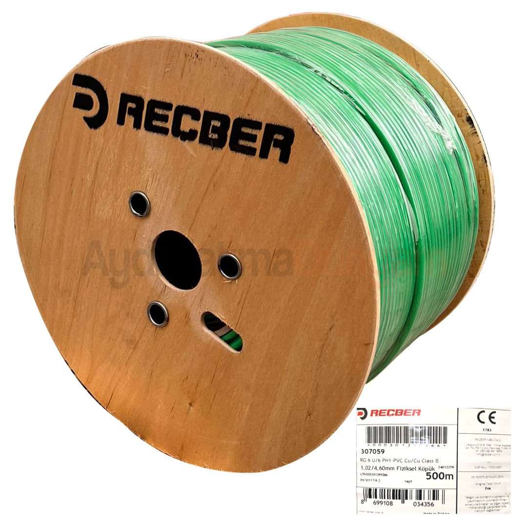 Reçber RG 6 U/6 PHY-PVC Class B Cu/Cu Euro-Class Eca 75 Ohm Fiziksel Köpüklü PVC Kılıflı Koaksiyel Kablo