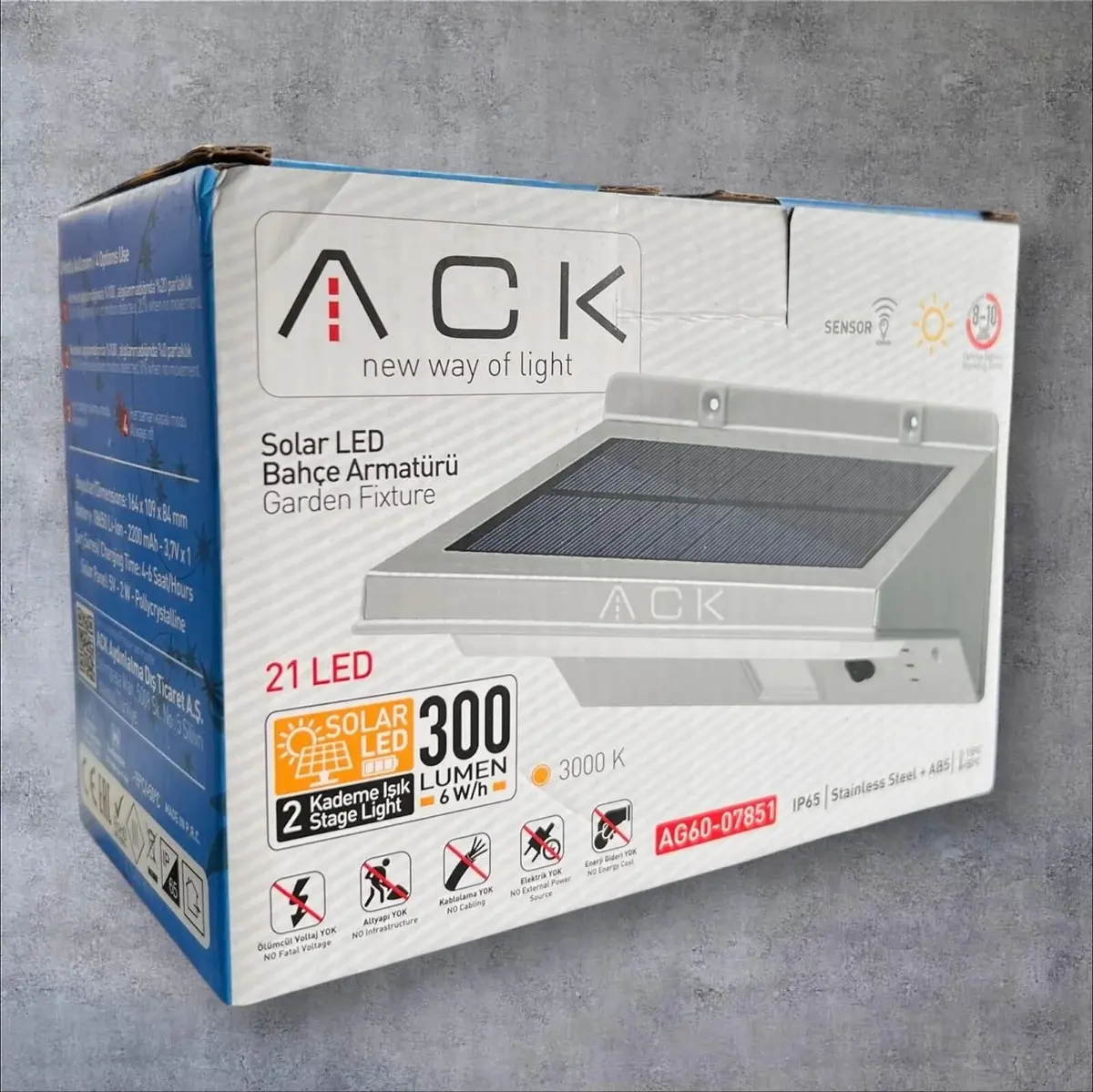 ACK Solar Duvar Apliği Hareket Sensörlü  Dimli  Ip54 Beyaz 164Mmx109Mmx84Mm AG60-07851 en uygun fiyatlı satıcı