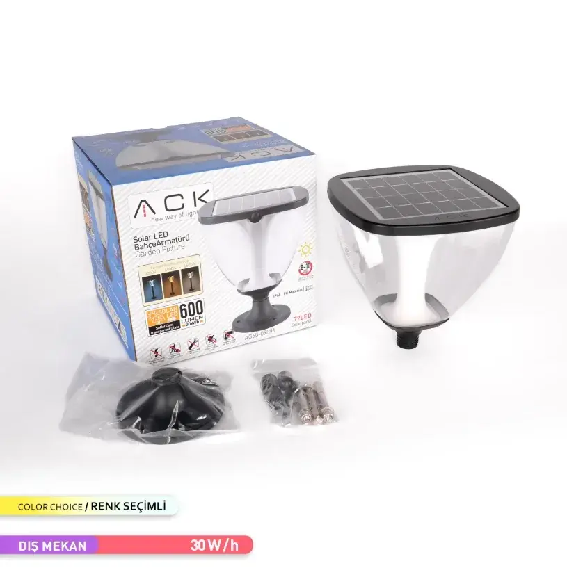 ACK Solar Led Bahçe Armatürü 3000K-4000K-6500K 8W/H Ayarlanabilir AG60-09891
