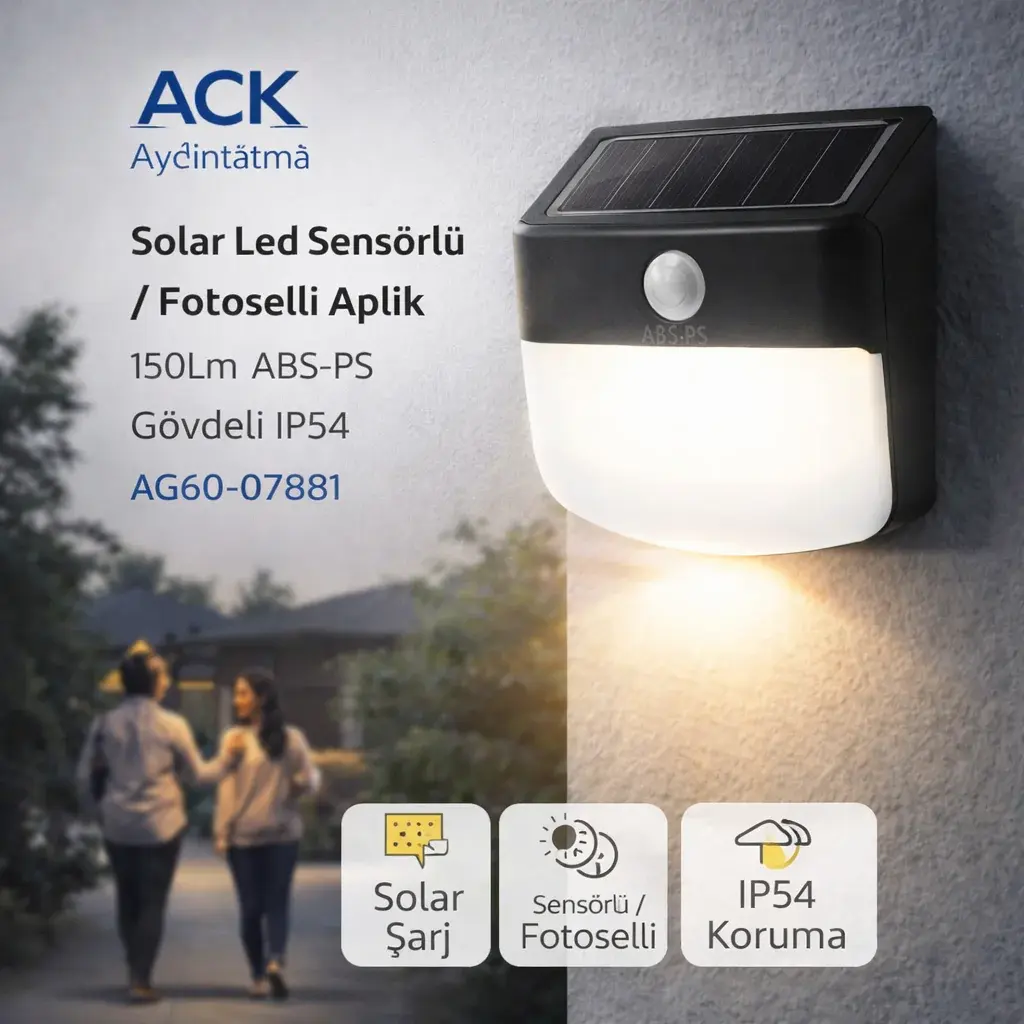 ACK Solar Led Sensörlü / Fotoselli Aplik 150Lm Abs+Ps Gövdeli Ip54 AG60-07881 en uygun fiyatlı satıcı