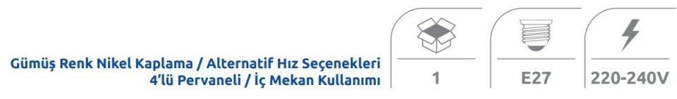 Vanti 60W 42'' Gümüs Metal Tavan Avizeli 4 Kanatli Vantilatör KCF283
