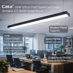 Cata 50w 120cm Profil Sarkıt Led Linear Armatür CT-9080 Beyaz Işık