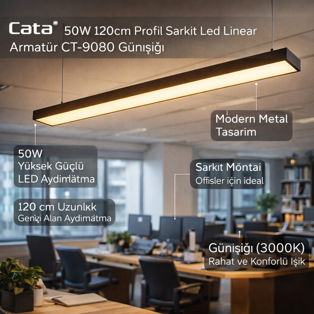 Cata 50w 120cm Profil Sarkıt Led Linear Armatür CT-9080 Günışığı