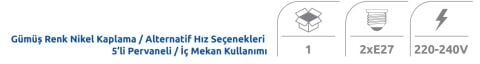 Vanti 60W 52'' Avizeli Gümüs Metal 5 Kanatli Tavan Vantilatörü KCF288