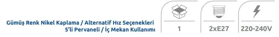 Vanti 60W 52'' Avizeli Gümüs Metal 5 Kanatli Tavan Vantilatörü KCF288