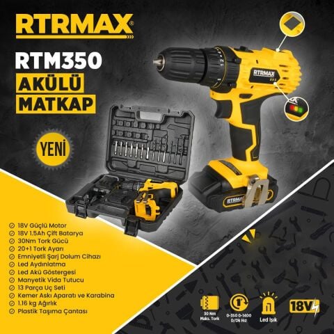 Rtrmax Akülü Matkap 18V 2X1,5Ah Akü 1400 30Nm