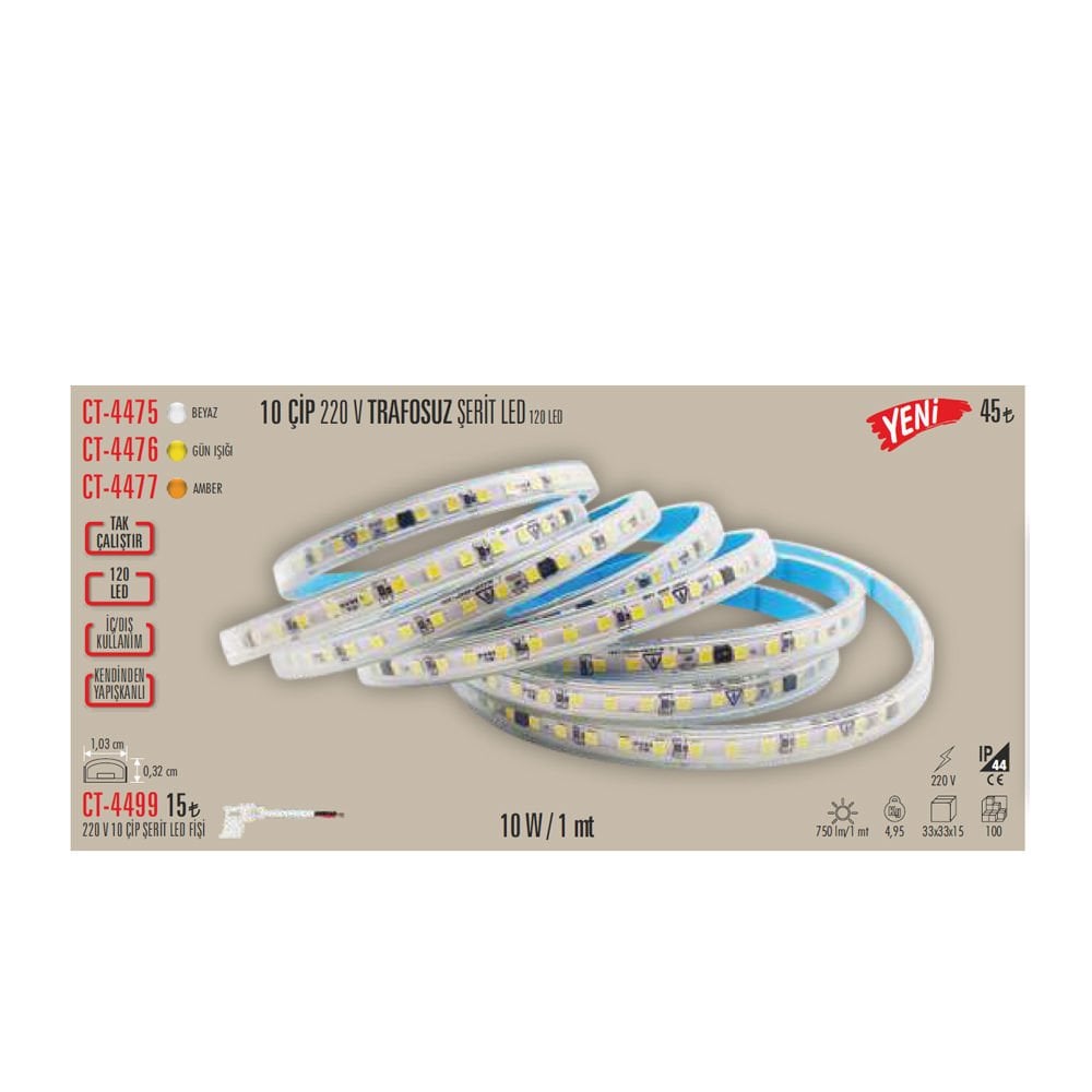 Cata 10 Çipli 220v Beyaz Işık Şerit Led İç Mekan CT-4475