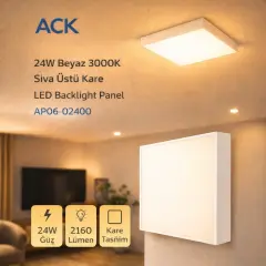 Ack 24W Beyaz 3000K Sıva Üstü Kare Led Backlıght Panel Ap06-02400