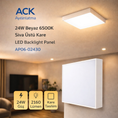 ACK 24W Beyaz 4000K Sıva Üstü Kare Led Backlıght Panel Ap06-02410