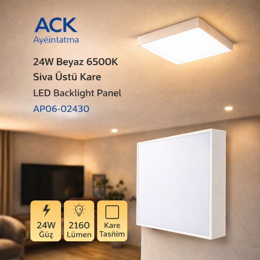 Ack 24W Beyaz 6500K Sıva Üstü Kare Led Backlıght Panel  Ap06-02430