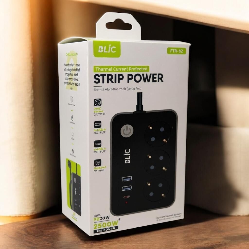 Strip Power Termal Akim Korumali 3 Lü Priz Kare
