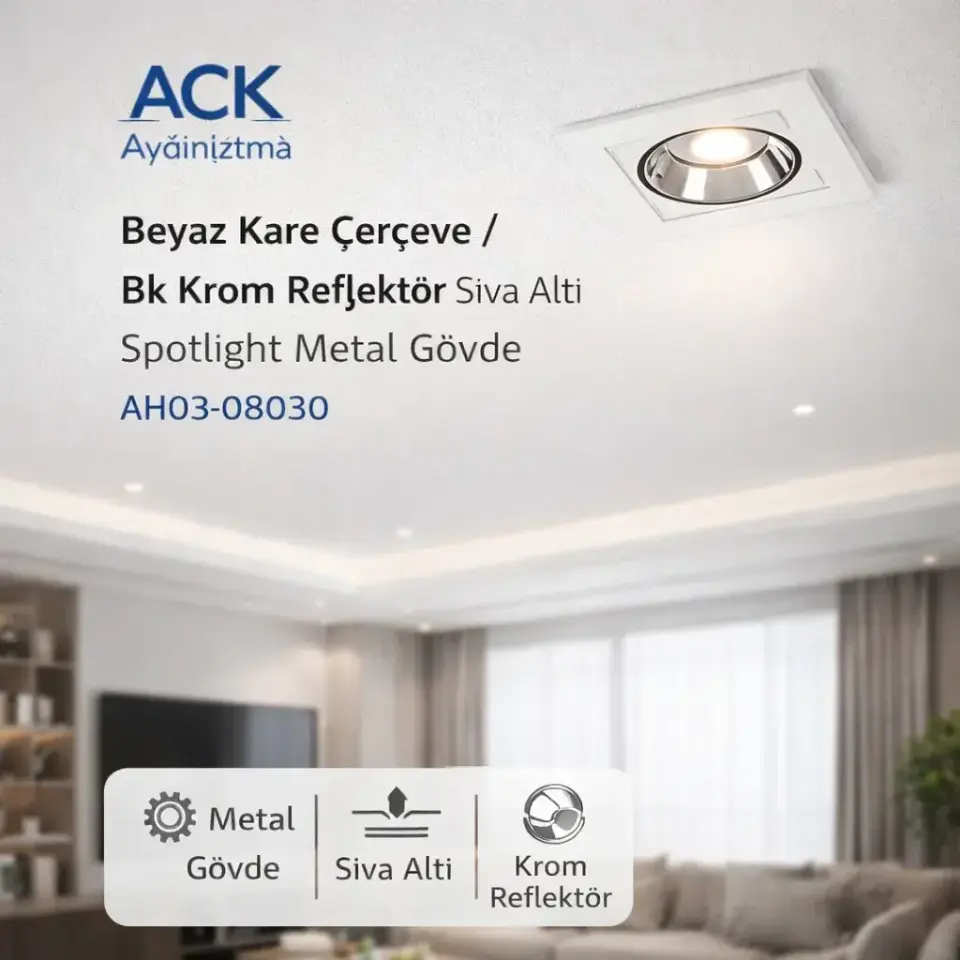 ACK Beyaz Kare Çerçeve / Bk Krom Reflektör Siva Alti Spotlight Metal Gövde AH03-08030