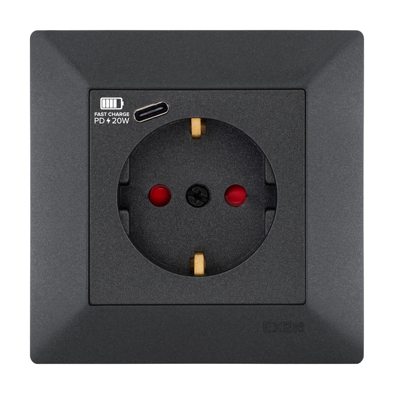 Exen Odak Antrasit Toprakli Priz + Type-C Komple Takim