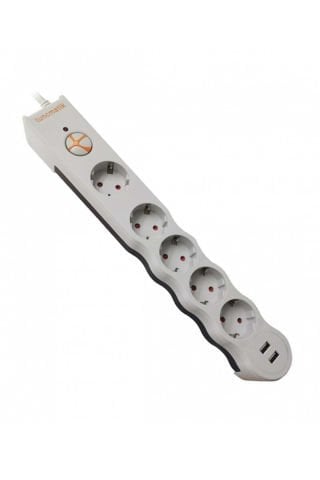 Tunçmatik Beşli Enerji Koruma Prizi +2 Usb Kablolu - Beyaz  TSK5015