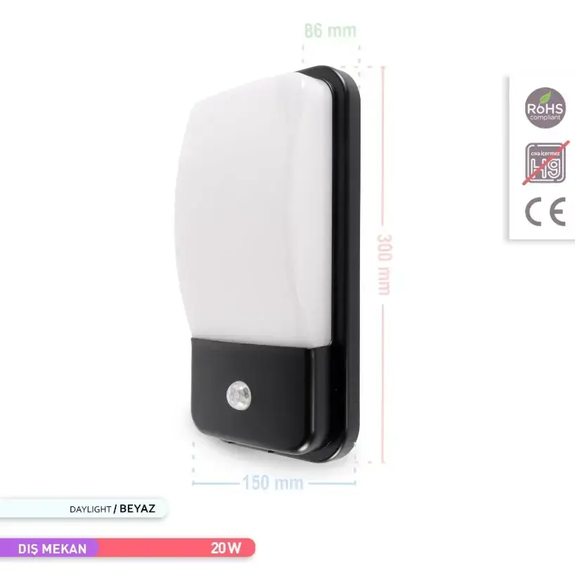 ACK 20W Sensörlü Led Duvar Apliği Siyah 6500K Ip44 AH07-05431
