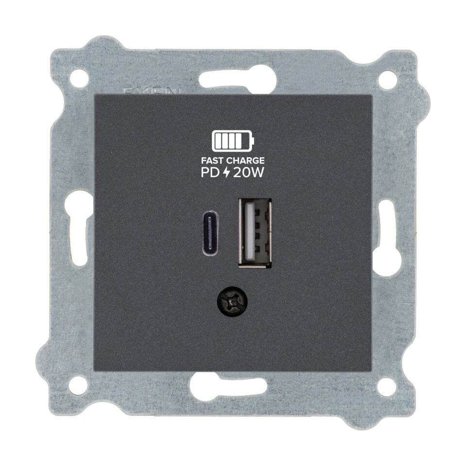 Exen Antrasit Modül+Kapak  2X Usb Sarj Prizi Type-C + Type-A