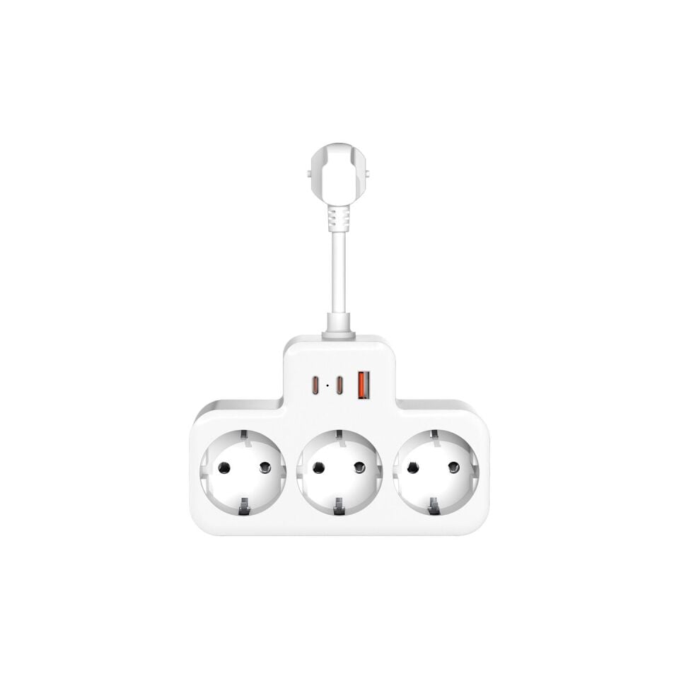 S-Link Prz07 Beyaz 3 Soketli 15Mm 1 Usb 2 Type-C Pd20W 1050 Joule Tam Bakir Kablolu Akim Korumali Priz