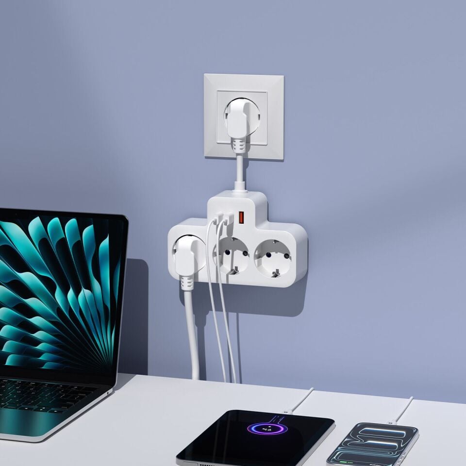S-Link Prz07 Beyaz 3 Soketli 15Mm 1 Usb 2 Type-C Pd20W 1050 Joule Tam Bakir Kablolu Akim Korumali Priz