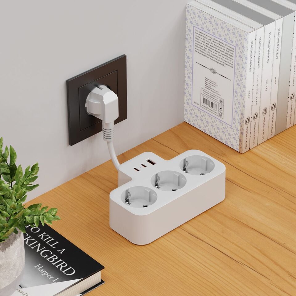 S-Link Prz07 Beyaz 3 Soketli 15Mm 1 Usb 2 Type-C Pd20W 1050 Joule Tam Bakir Kablolu Akim Korumali Priz