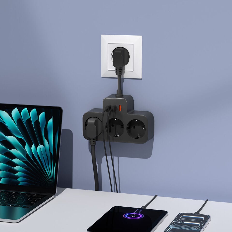 S-Link Prz07 Siyah 3 Soketli 15Mm 1 Usb 2 Type-C Pd20W 1050 Joule Tam Bakir Kablolu Akim Korumali Priz