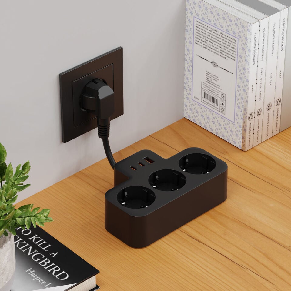 S-Link Prz07 Siyah 3 Soketli 15Mm 1 Usb 2 Type-C Pd20W 1050 Joule Tam Bakir Kablolu Akim Korumali Priz