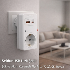 Seldur USB Hizli Sarjli, Sok ve Akim Korumali Fis-Priz (720J), ÇK, Beyaz E1TH33B