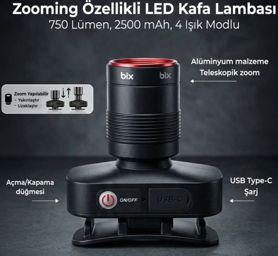 Bix Bxt1Fl Kafa lambası Rechargeable 10W Headlamp - 750 Lumens 2500Mah 4 Light Modes Led Kafa lambası