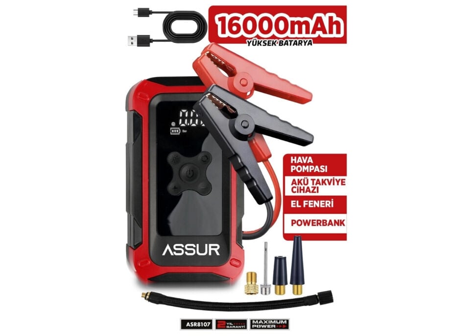 Assur Asr8107 4'Ü 1 Arada Dijital Göstergeli | Powerbank | Led Fener | Sarjli Akü Takviye Cihazi | Hava Kompresörü