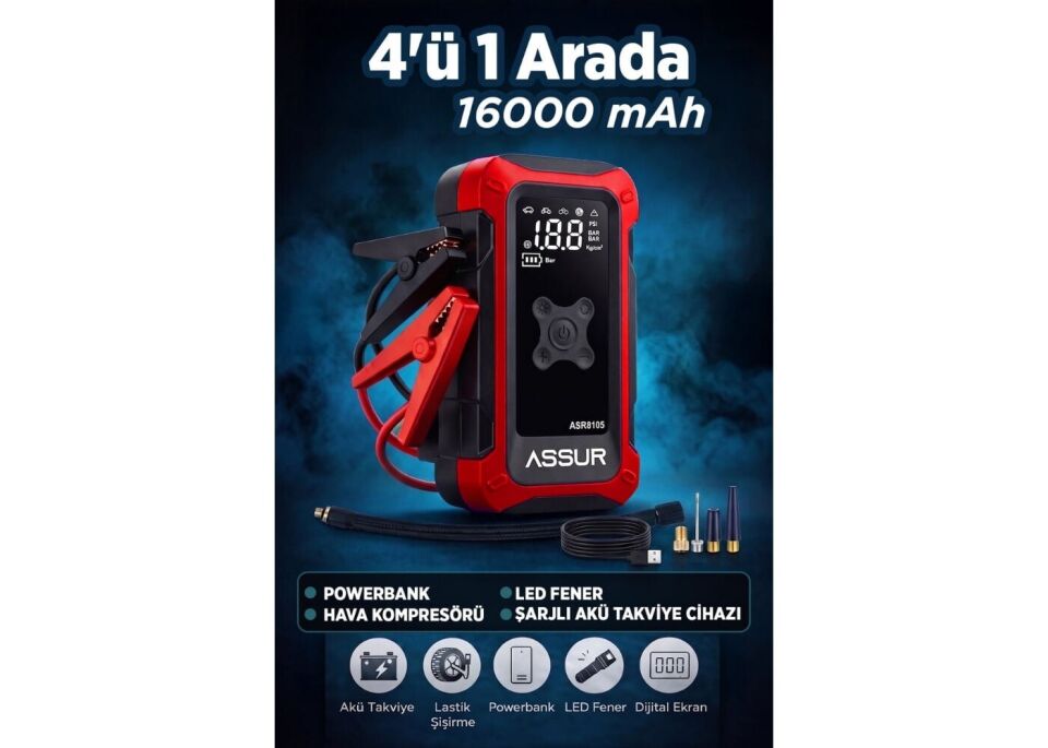 Assur Asr8107 4'Ü 1 Arada Dijital Göstergeli | Powerbank | Led Fener | Sarjli Akü Takviye Cihazi | Hava Kompresörü