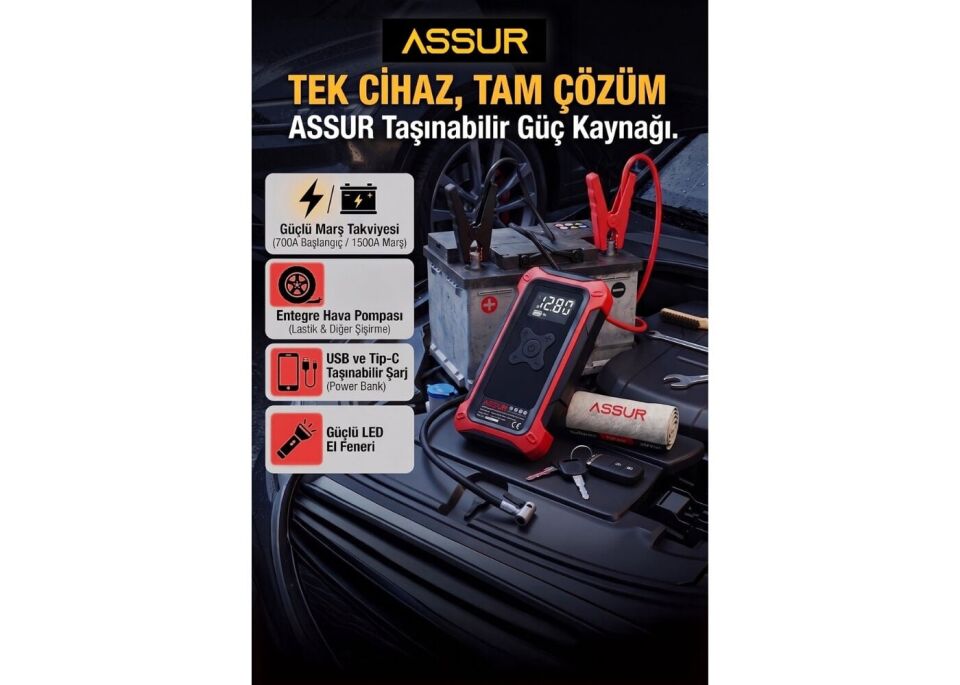 Assur Asr8107 4'Ü 1 Arada Dijital Göstergeli | Powerbank | Led Fener | Sarjli Akü Takviye Cihazi | Hava Kompresörü