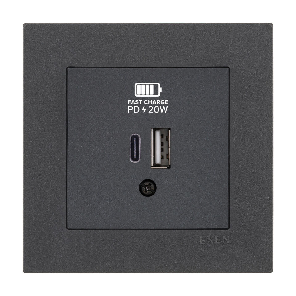 Exen Karell Antrasit 2X Usb Sarj Prizi Type-C + Type-A Komple Takim